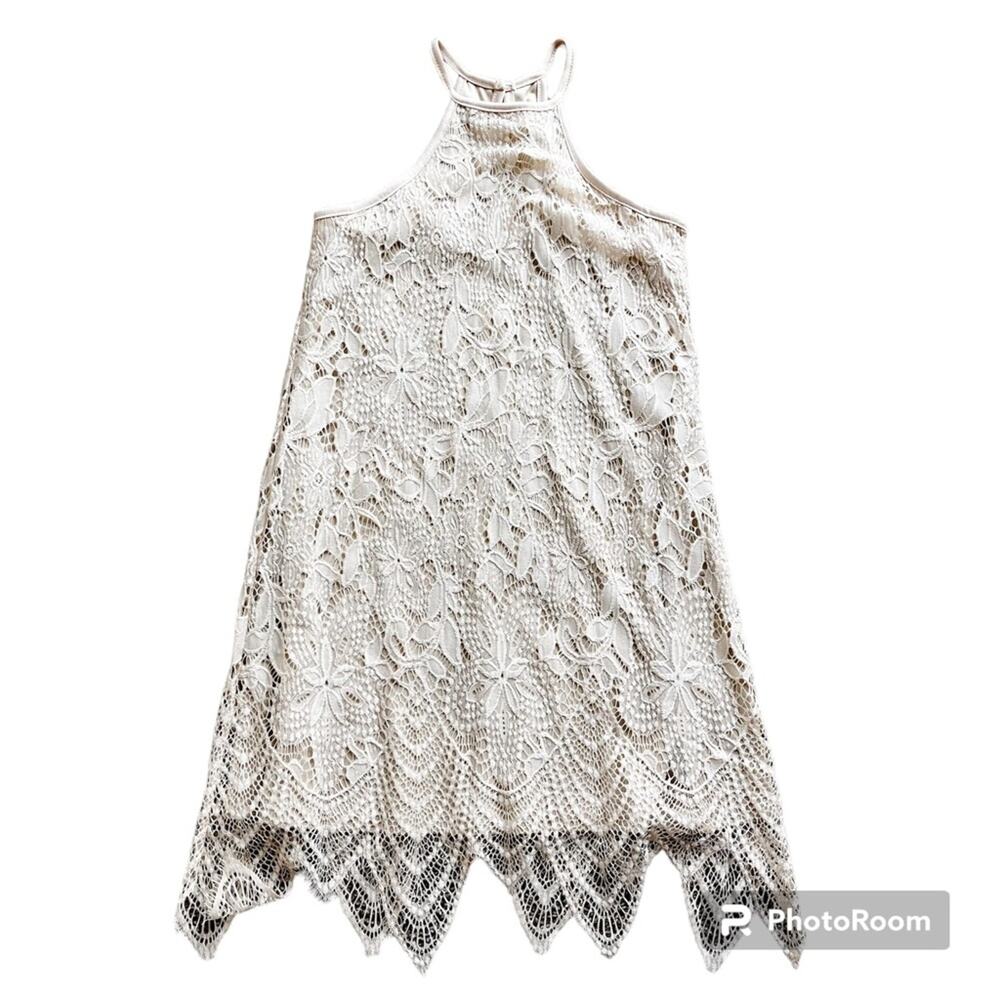 Love Fire lace overlay halter neutral dress womens juniors size XS